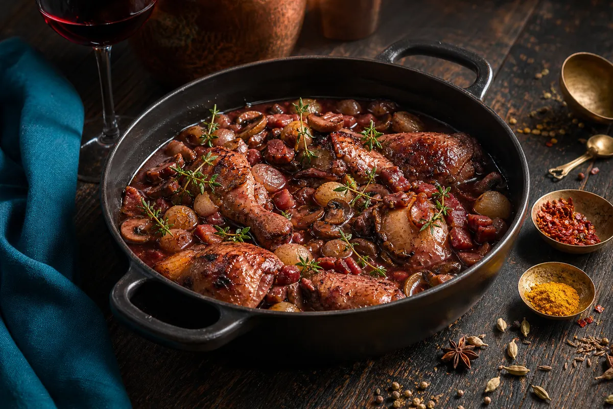 Fransk hane i r&oslash;dvin: coq au vin fra Bourgogne