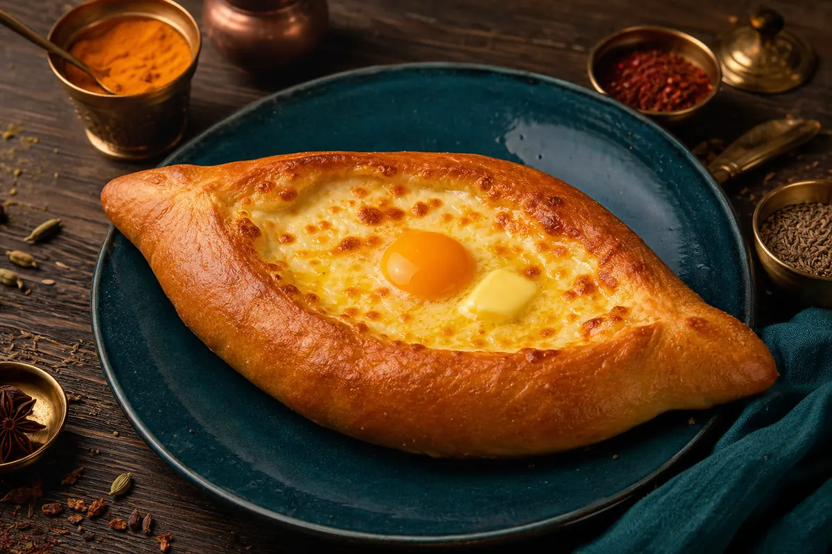 Georgisk ostebrød i bådform med æggeblomme og smør (khachapuri adjaruli)