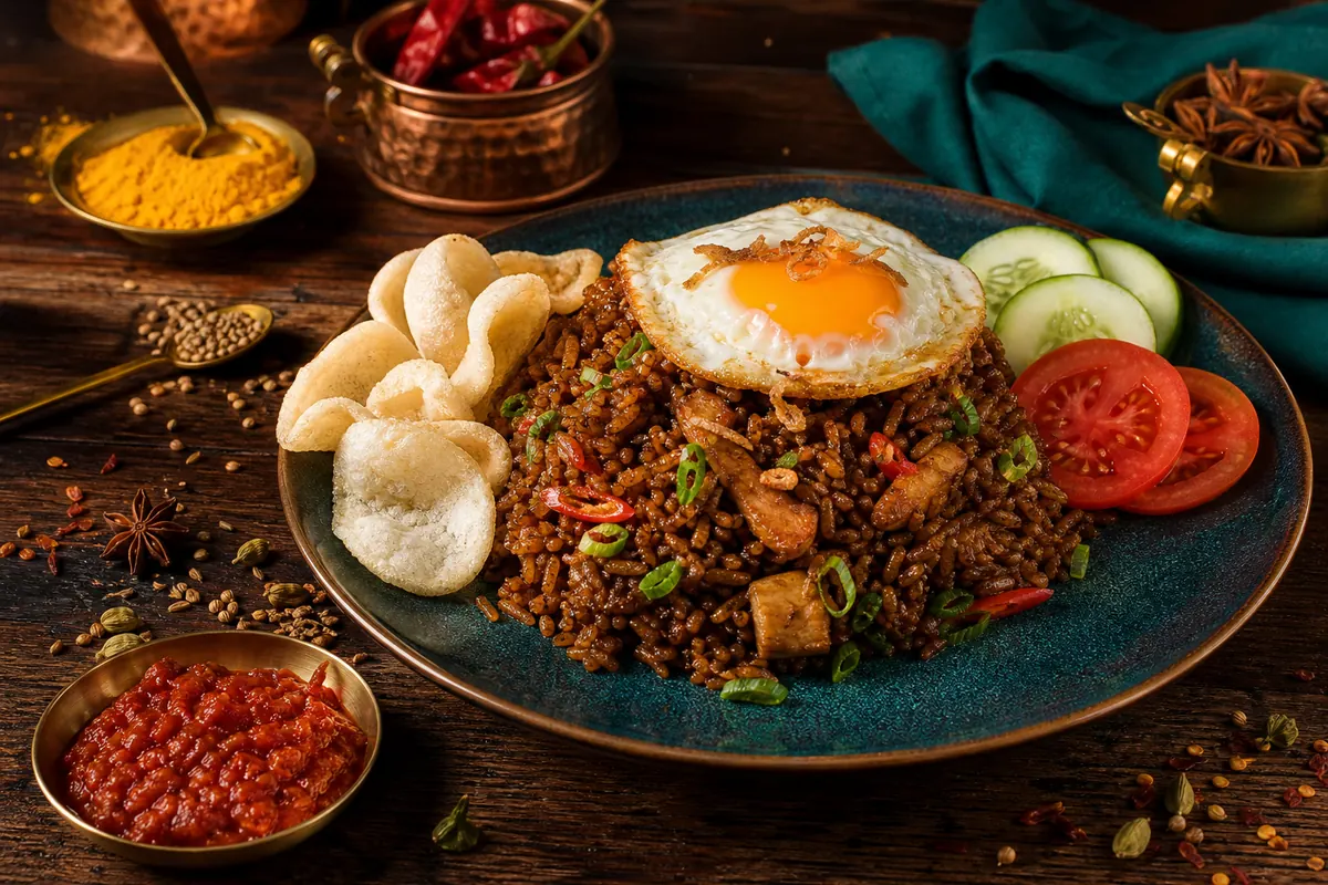 Indonesiske stegte ris med kecap manis, sambal og spejl&aelig;g (nasi goreng)
