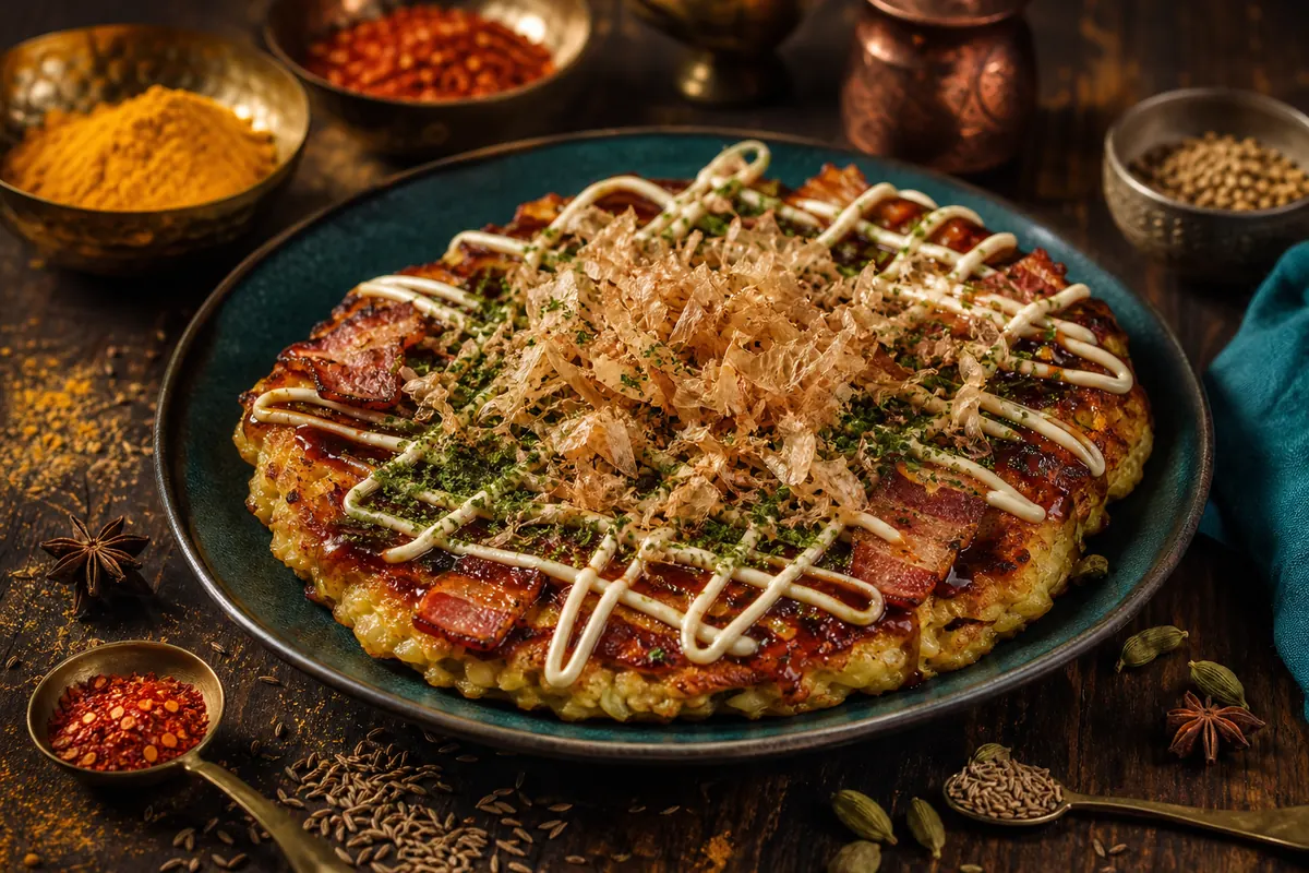 Japansk kålpandekage i Osaka-stil med bacon (okonomiyaki)