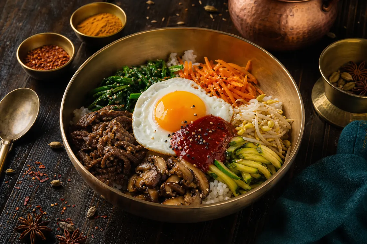 Koreansk risskål med grøntsager, gochujang og spejlæg (bibimbap)